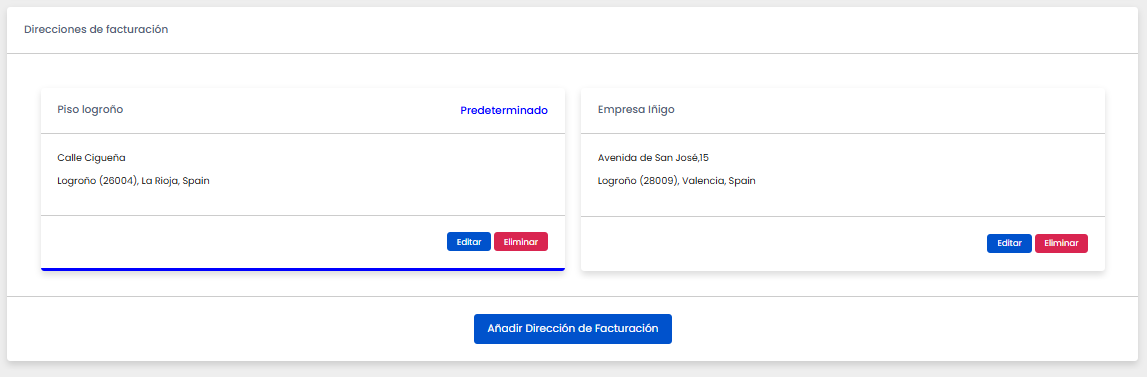 Apartado Direcciones de facturacion